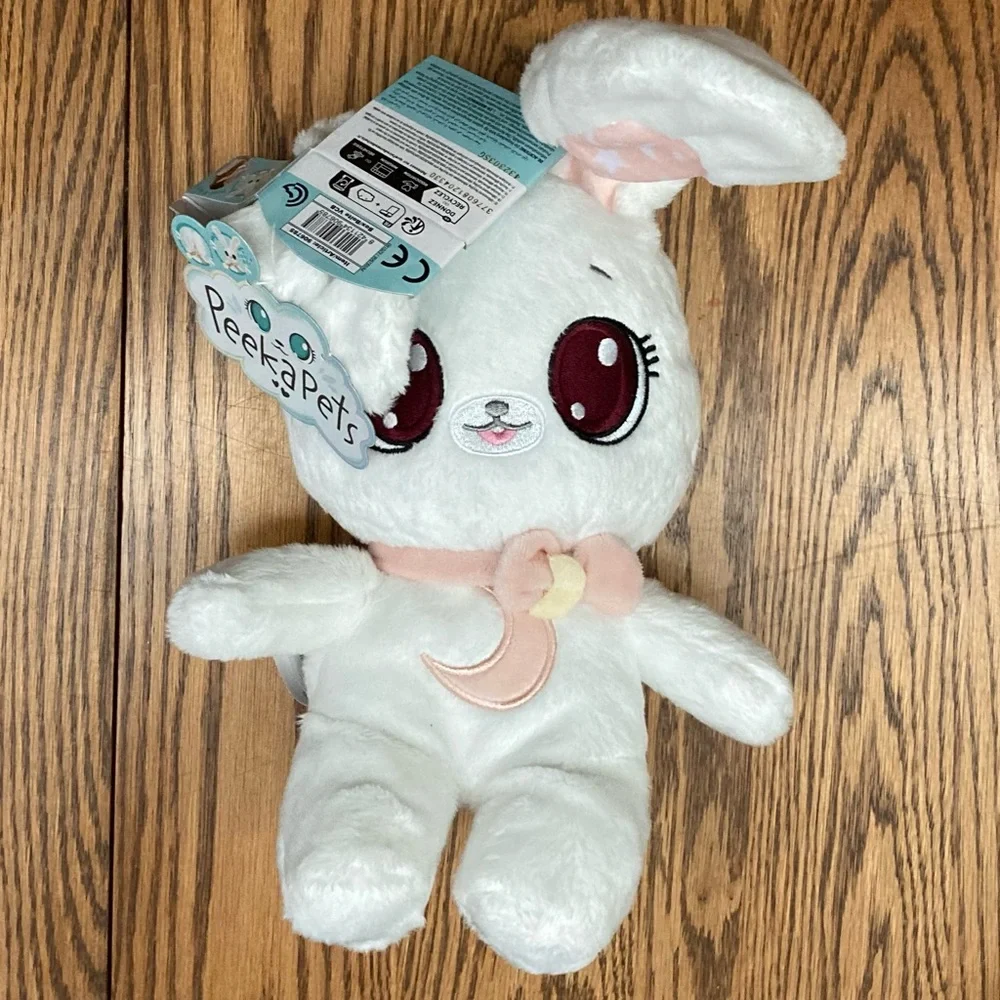 🌛🐰PeekaPets🐰🌜PEEK-A-BOO BUNNY PLUSH white w/peach ears/moon/bow tie✨NWT✨